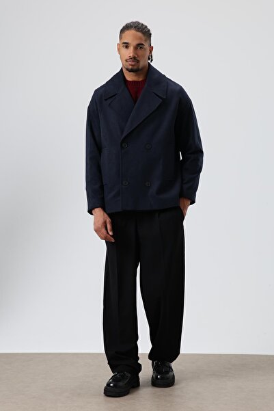 VAMOSCLO Oversized Double-Breasted short stamp jacket navy blue