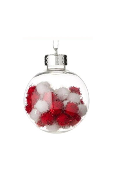 OEM Glob de Crăciun transparent cu pompoane și beteală albe și roșii, 8 cm, p...