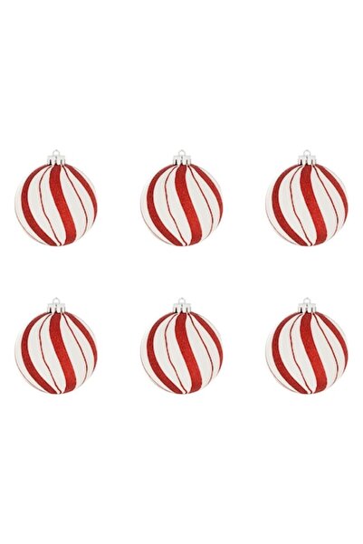 OEM Set globuri de Crăciun cu dungi roșii și albe cu sclipici 8cm - 6 buc