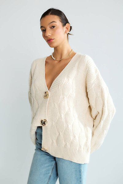 Robin T95036 Düğme Detaylı Saç Örgü V Yaka Kalın Triko Hırka Taş