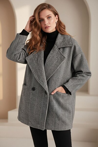 Mossta Women's Wide Collar Oversized Black Coat