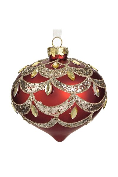 OEM Glob de Crăciun din sticlă în formă de ceapă, roșu mat cu sclipici șampan...
