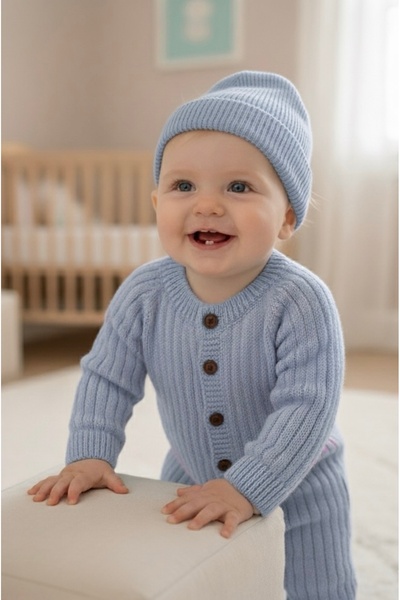 Butik Lilamsı Mavi Yumuşak Örgü Yenidoğan Takımı (Tulum + Bere)