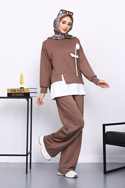 İmajButik Mink Crew Neck Rose Detailed Tunic Modal Set with Trousers