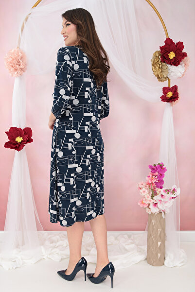 Trend Land Navy blue jersey flared dress with gray abstract print