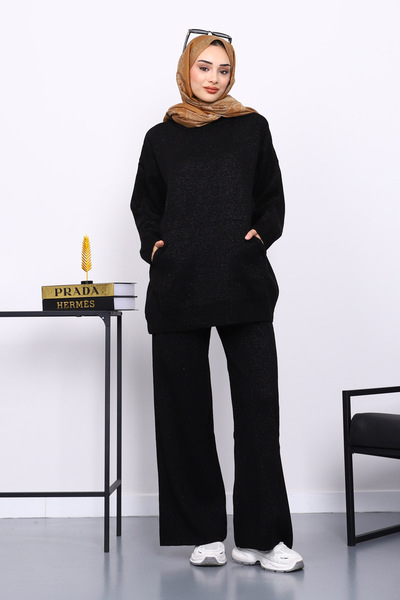 İmajButik Black Hooded Kangaroo Pocket Trouser Knitwear Set