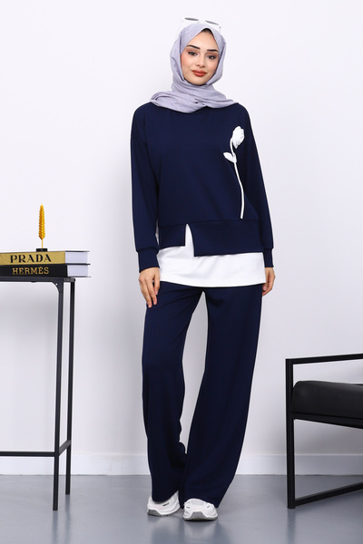 İmajButik Navy Blue Crew Neck Rose Detailed Tunic Modal Set with Trousers