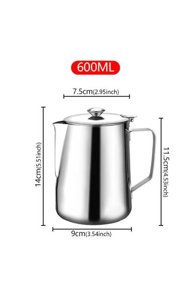 cc bin shihon Milk pitcher with lid, 600ml capacity, for preparing coffee and lattes; stainless steel coffee milk frother.