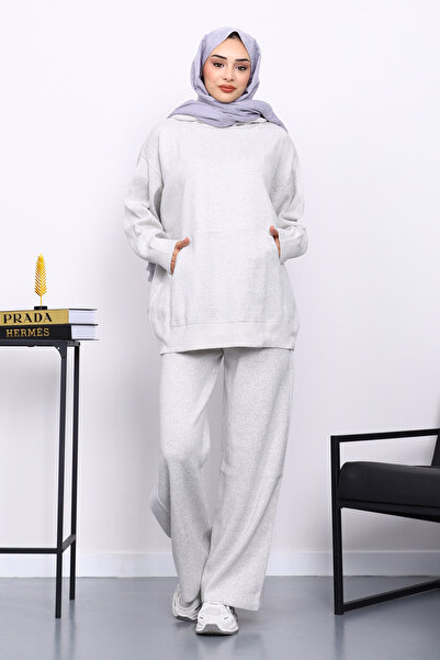 İmajButik Σετ πλεκτό εκρού με κουκούλα και παντελόνι με τσέπες καγκουρό