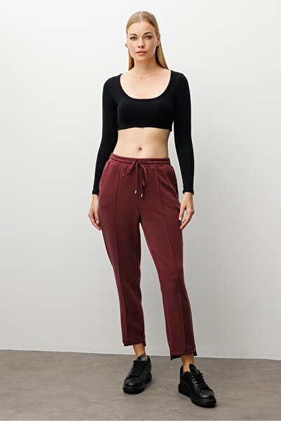 Moda İlgi Modailgi Önde Nervür Detaylı Beli Tünel Bağcıklı Bilek Boy Örme Pantolon - 15065 Bordo