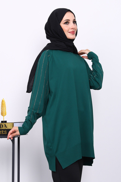 İmajButik Emerald Green Crew Neck Stone Knit Tunic