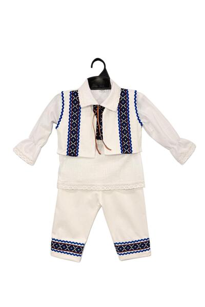 Kareea Costum Traditional cu vesta alba si broderie bleumarin ( 5 piese )