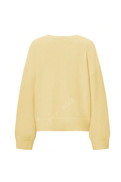 Dier Moda Women's Butter Yellow V-Neck Oversized Knitwear Sweater, Knitwear Sweater Fmoda1970
