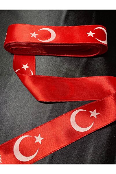 Massaltay Red Crescent and Star Patterned 4cm Satin Ribbon - 5 Meters Decoration and Accessory Ribbon
