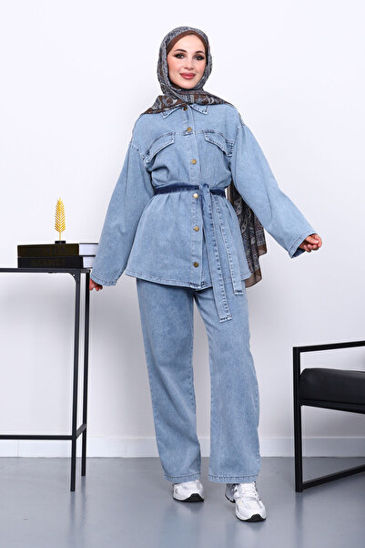 İmajButik Σετ τζιν με ανοιχτό μπλε παντελόνι με ζώνη στη μέση