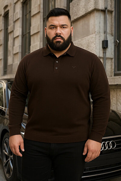 Maccali Men's Plus Size Winter Loose Dark Brown Polo Neck Sweater