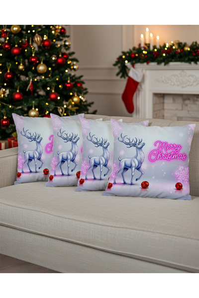 Artvibe Christmas Themed Merry Christmas Neon Pink Written Deer Patterned Digital Printed 4-Piece Throw Pillow Cover