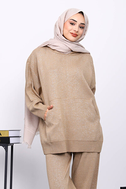 İmajButik Mink Hooded Kangaroo Pocket Trouser Knitwear Set