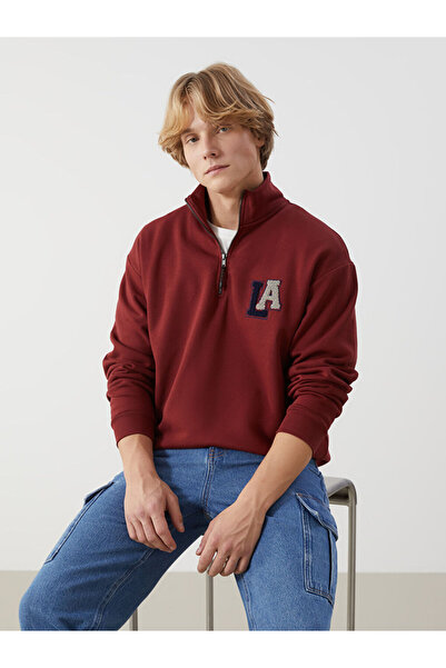 LC Waikiki Burgundy guler ridicat Hanorac pentru bărbați cu mânecă lungă brod...