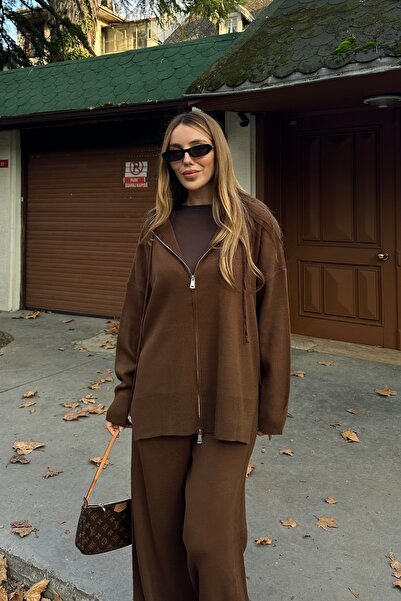 Laluvia Brown Zippered Hooded Knitwear Set - 0511