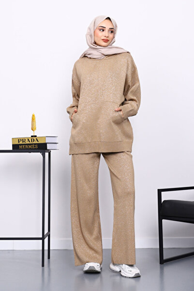 İmajButik Mink Hooded Kangaroo Pocket Trouser Knitwear Set