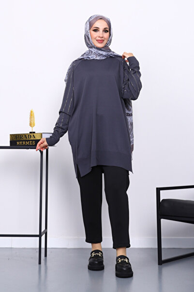 İmajButik Smoked Crew Neck Stone Knitwear Tunic