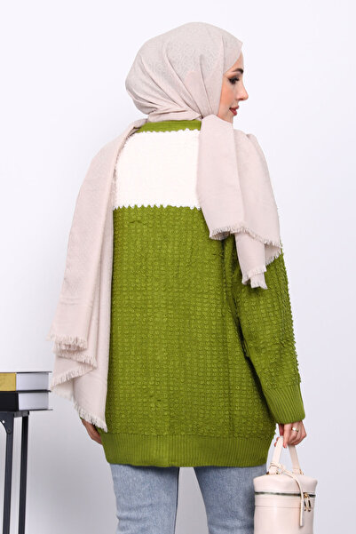 İmajButik Green V-Neck Buttoned Knitwear Cardigan