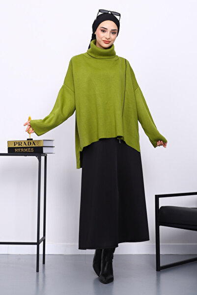 İmajButik Green Turtleneck Zippered Knit Sweater