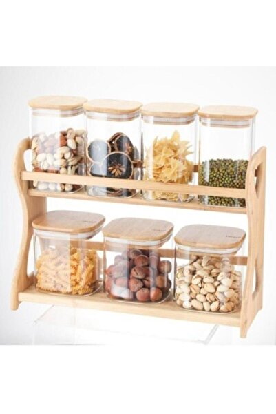 RİVO HOME DECOR Bamboo Square Glass Spice Set 7 Pieces with Bamboo Stand