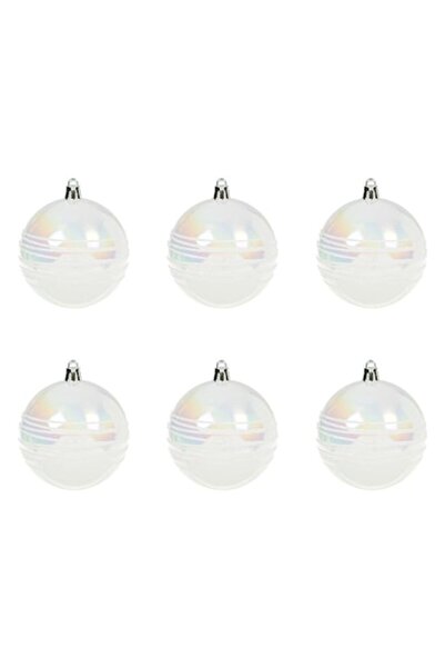 OEM Set de 6 globuri albe de Crăciun cu linii sclipitoare, 8 cm