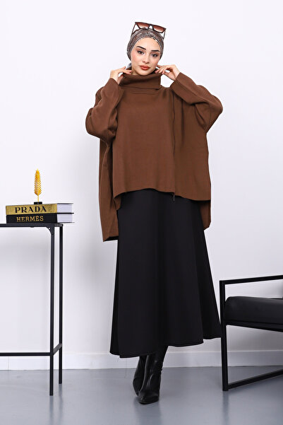 İmajButik Brown Turtleneck Zippered Knit Sweater