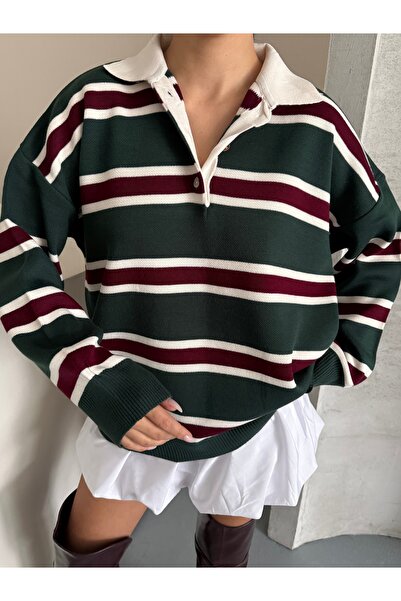 erki triko Shirt Collar Striped Oversized Knitwear Sweater