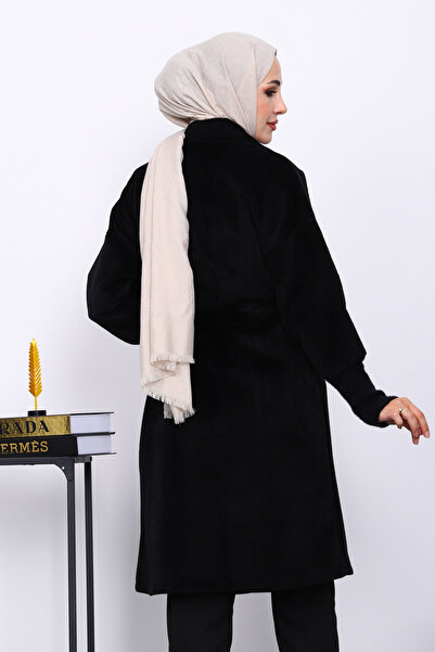 İmajButik Black Angora Coat with Waist Belt and Double Pockets