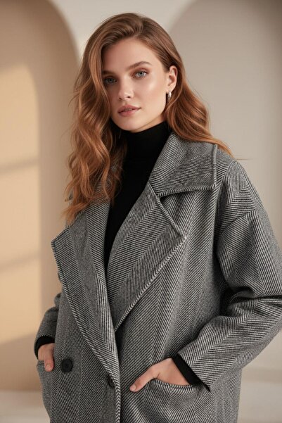 Mossta Women's Wide Collar Oversized Black Coat