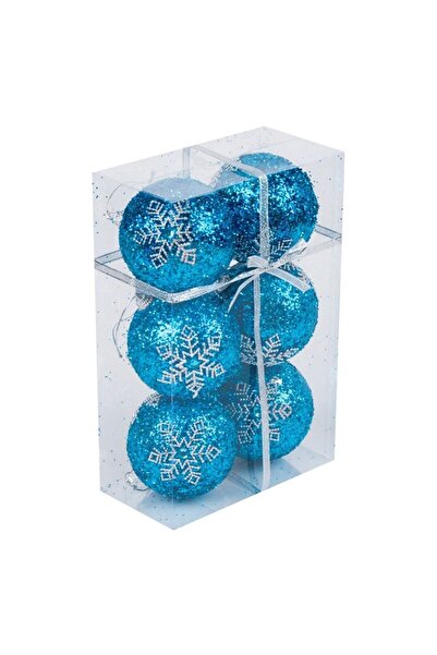 OEM Christmas Bauble Set, Snowflake Model, Turquoise with Silver Glitter, 8 cm, 6 Pieces