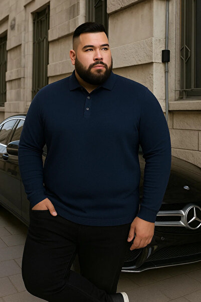 Maccali Men's Plus Size Winter Loose Blue Polo Neck Sweater