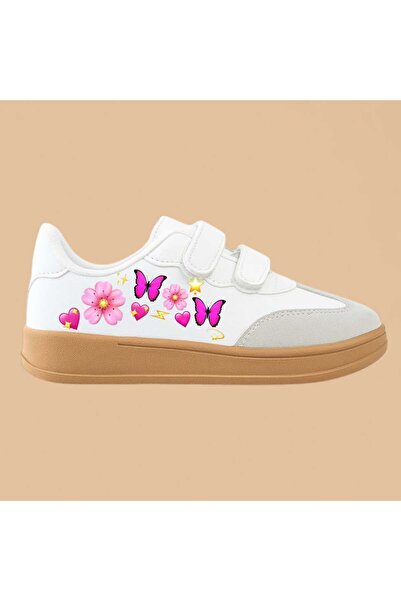 liasdesing Pink Spring Butterfly Printed White Rubber Sole Look Children's Sports Shoes Sneaker