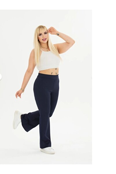 Livik Flared Leg Dark Blue Color Plus Size Diving Fabric Leggings High Waist Pants Plus Size