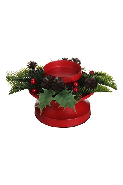 OEM Red candle holder with fir wreath, mistletoe & ilex ø11x8cm