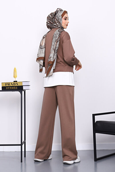 İmajButik Mink Crew Neck Rose Detailed Tunic Modal Set with Trousers