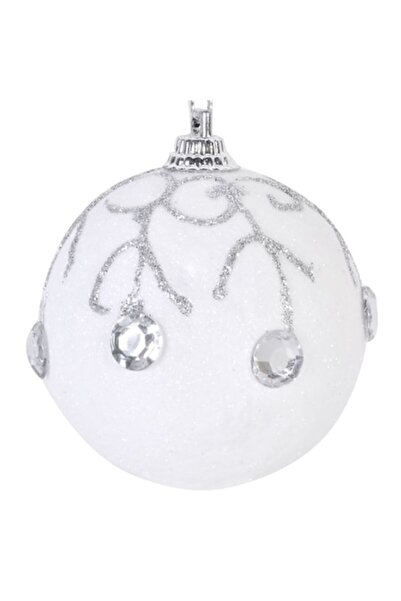 OEM Set de 6 globuri de Crăciun albe cu sclipici și modele argintii, 6 cm
