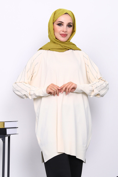 İmajButik Κρεμ πλεκτό τούνικ με λαιμόκοψη και πέτρες