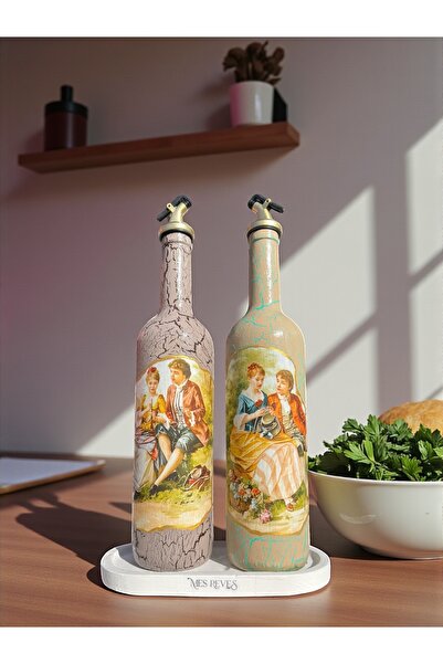Mes Reves 750 ml Handmade Vintage Patterned Olive Oil Liquid Oil Bottle Set of 2 with Presentation Stand Oil Pot Oil Dispenser