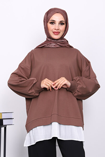 İmajButik Koyuv Mink Pleated Detailed Crew Neck Sweatshirt