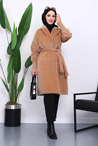 İmajButik Mink Belted Angora Coat with Double Pockets