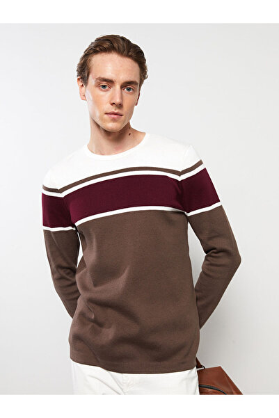 LC Waikiki Brown Crew Neck Long Sleeve Color Block Men's Knitwear Sweater
