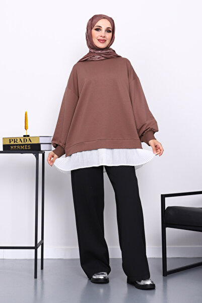 İmajButik Koyuv Mink Pleated Detailed Crew Neck Sweatshirt