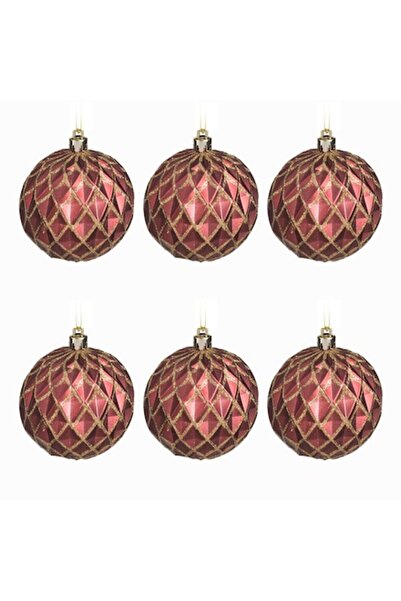 OEM Set of burgundy Christmas baubles with embossed diamond pattern, matte & gold glitter, Ø8cm - 6 pcs
