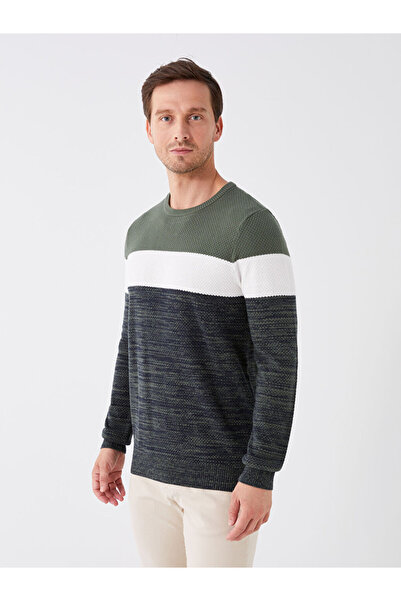 LC Waikiki Khaki Crew Neck Long Sleeve Color Block Men's Knitwear Sweater