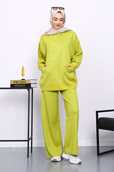 İmajButik Oil Green Hooded Kangaroo Pocket Trouser Knitwear Set